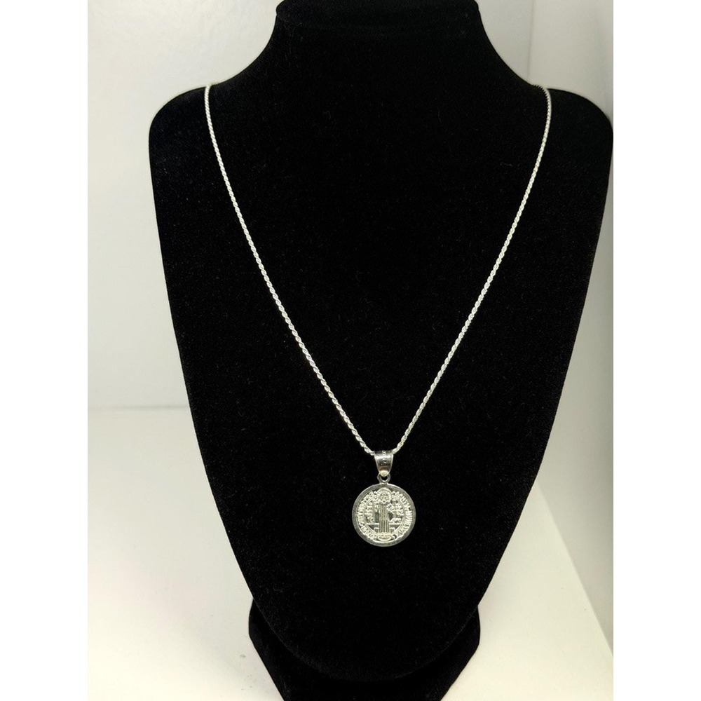 Sterling Silver Saint Benedict Medal Pendant Necklace 24 Inch 1.9mm Rope Chain